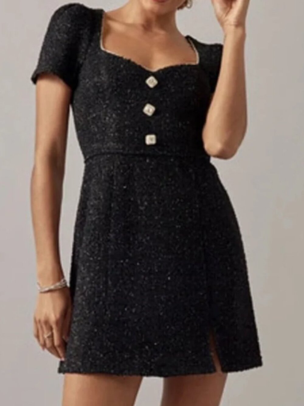 Francesca's Collections Black Sparkle Short Sleeve Tweed Dress